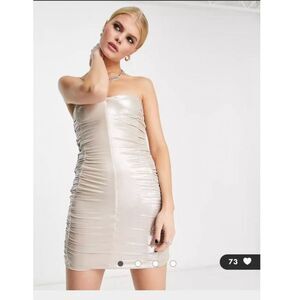 NWT Bershka light gold metallic strapless ruched bodycon mini dress